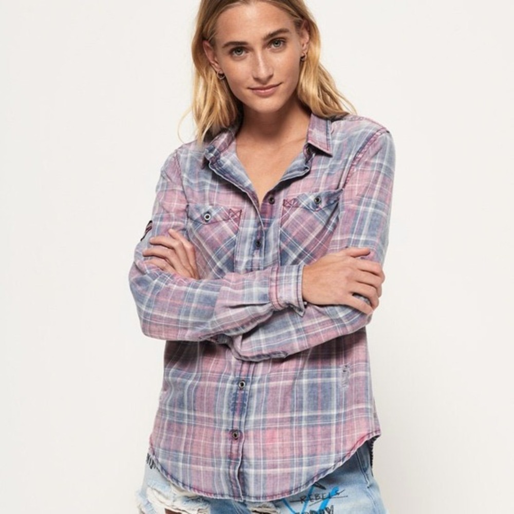 BDG Plaid Long Sleeve Button Down Shirt Pink Blue Grey Distressed XS